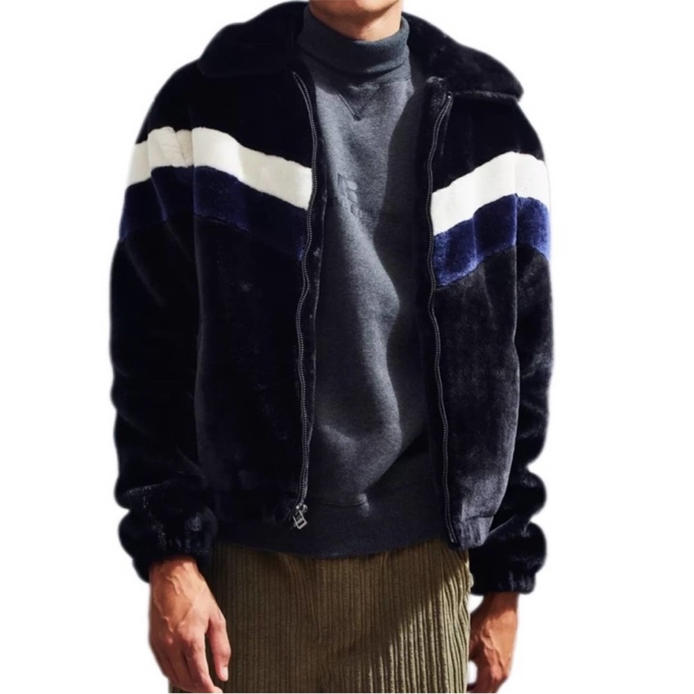 Urban Outfitters Faux Fur Chevron Bomber Jacket black white blue- Medium